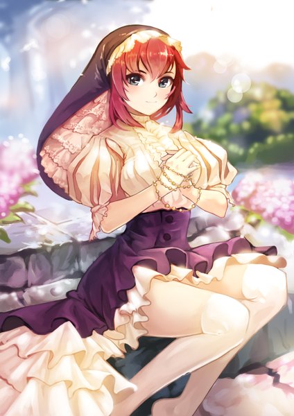 Anime picture 1500x2122 with zzoggomini single tall image looking at viewer blush short hair blue eyes smile sitting pink hair barefoot sunlight bare legs short sleeves no shoes puffy sleeves praying girl flower (flowers) headdress