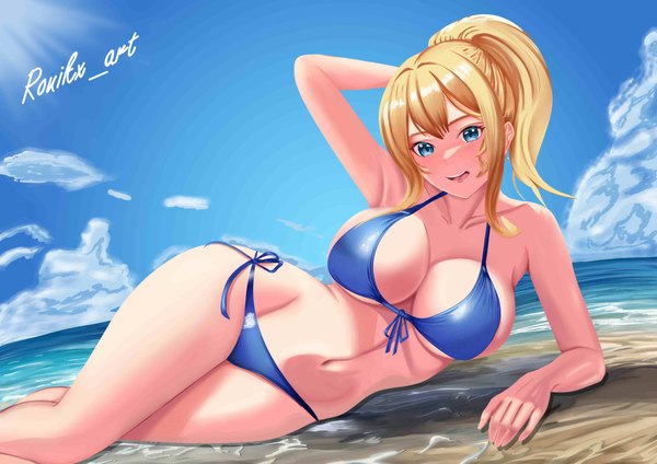 Anime picture 4961x3508 with genshin impact jean gunnhildr ronikx art single long hair looking at viewer fringe highres breasts open mouth blue eyes light erotic blonde hair hair between eyes large breasts signed payot absurdres sky cleavage