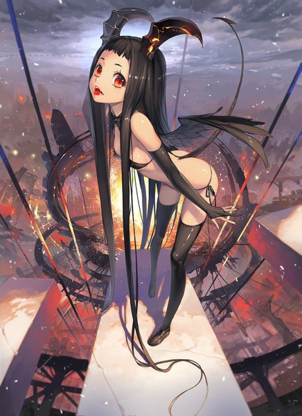 Anime picture 993x1364 with original justminor single tall image fringe breasts open mouth light erotic black hair red eyes standing sky full body tail very long hair horn (horns) from above teeth orange eyes fang (fangs)