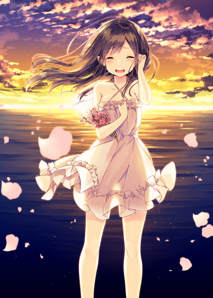 Anime picture 858x1200 with original sakuragi ren single long hair tall image blush fringe open mouth brown hair standing bare shoulders holding cloud (clouds) ahoge eyes closed sunlight bare legs teeth sleeveless tears