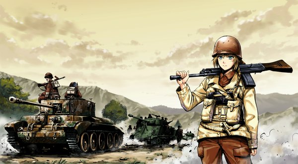 イラスト 1736x956 と オリジナル ニャン 長髪 highres 青い目 金髪 wide image 座る 空 cloud (clouds) 三つ編み army soldier 女の子 男性 制服 武器 植物 木 銃砲