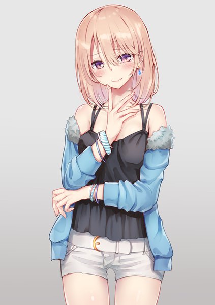 Anime picture 1062x1505 with original piripun single tall image looking at viewer blush fringe short hair simple background blonde hair smile hair between eyes standing head tilt pink eyes fingernails fur trim girl earrings shorts