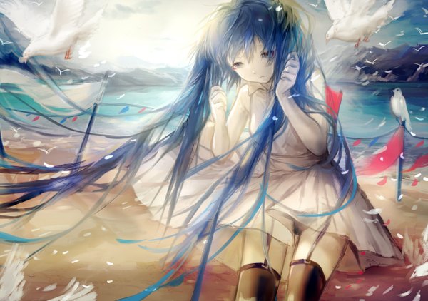 Anime picture 2480x1748 with vocaloid hatsune miku sa'yuki single fringe highres blue eyes light erotic hair between eyes standing twintails blue hair sky cloud (clouds) outdoors very long hair wind sunlight grey eyes sleeveless