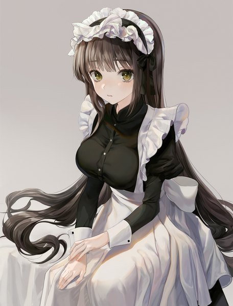 Anime picture 1500x1970 with original minncn single long hair tall image looking at viewer blush fringe breasts simple background brown hair large breasts sitting green eyes blunt bangs long sleeves grey background maid puffy sleeves girl