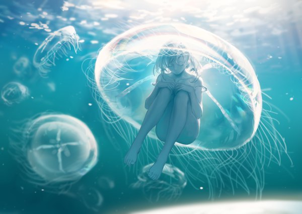 Anime picture 1214x860 with original spencer sais single short hair light erotic silver hair eyes closed barefoot nude underwater embryo's pose girl jellyfish