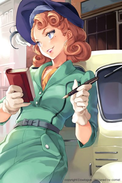 Anime picture 640x960 with mandrake girls comet (teamon) single long hair tall image blue eyes blonde hair smile standing holding looking away sunlight mole mole under eye drill hair street girl dress gloves hat
