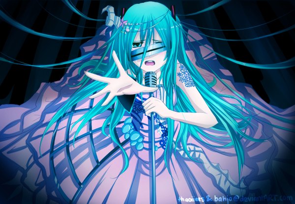 Anime picture 1240x857 with vocaloid hatsune miku thaoiiees single long hair open mouth aqua eyes aqua hair tattoo girl dress ribbon (ribbons) hair ribbon microphone microphone stand