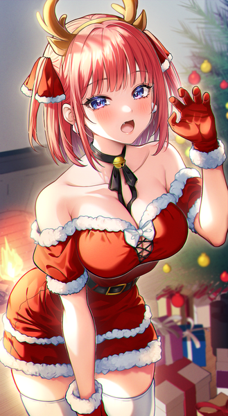 Anime picture 1370x2500 with go-toubun no hanayome nakano nino kurosaki coco single tall image looking at viewer blush fringe short hair breasts open mouth light erotic large breasts purple eyes animal ears pink hair cleavage blunt bangs off shoulder fang (fangs)