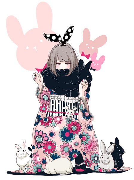 Anime picture 1123x1500 with original mzhbank single tall image fringe simple background white background brown eyes blunt bangs nail polish traditional clothes japanese clothes grey hair floral print squat confused girl animal socks hairband