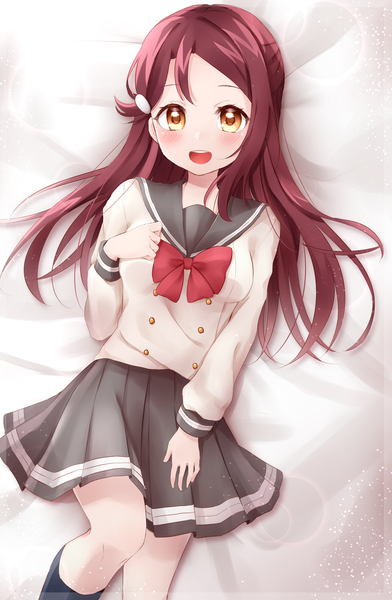 Anime picture 2266x3464 with love live! sunshine!! sunrise (studio) love live! sakurauchi riko sugarta single long hair tall image looking at viewer blush highres open mouth smile red hair lying pleated skirt from above on back orange eyes hand on chest