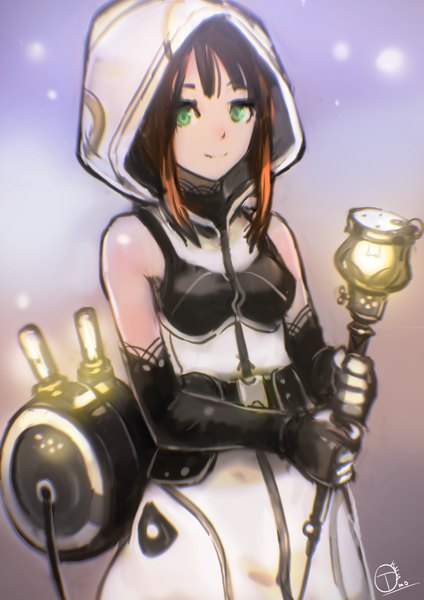 Anime picture 2480x3508 with original okuto single tall image looking at viewer fringe highres smile brown hair standing bare shoulders holding green eyes signed payot upper body girl gloves black gloves hood