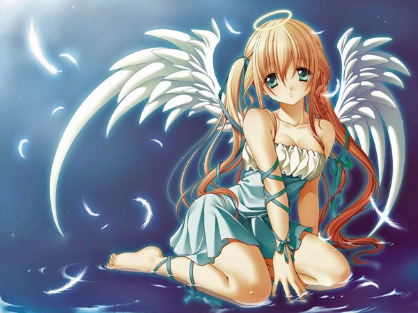 Anime picture 1280x960 with izumi yura long hair blue eyes blonde hair barefoot angel ribbon (ribbons)