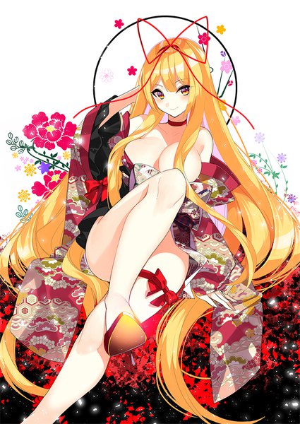 Anime picture 800x1128 with touhou yakumo yukari roh nam kyung single tall image blush breasts light erotic blonde hair smile very long hair traditional clothes japanese clothes orange eyes legs girl flower (flowers) ribbon (ribbons) hair ribbon choker