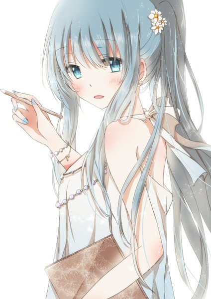 Anime picture 868x1228 with original pixiv-tan hiro (hirohiro31) single long hair tall image looking at viewer blush open mouth blue eyes simple background white background bare shoulders blue hair ponytail hair flower turning head girl dress hair ornament