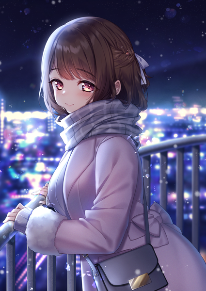 Anime picture 1417x2000 with original moyui (myi 005) single tall image looking at viewer blush fringe short hair breasts smile red eyes brown hair standing outdoors braid (braids) night open clothes depth of field night sky fur trim