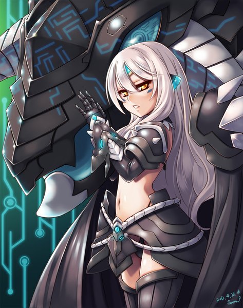 Anime picture 750x950 with elsword eve (elsword) ecell (artist) single long hair tall image looking at viewer light erotic yellow eyes silver hair bare belly fantasy mechanical girl navel armor dragon