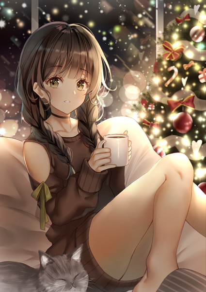 Anime picture 2508x3541 with original lium single long hair tall image looking at viewer blush fringe highres brown hair sitting holding yellow eyes bent knee (knees) indoors blunt bangs braid (braids) long sleeves parted lips night