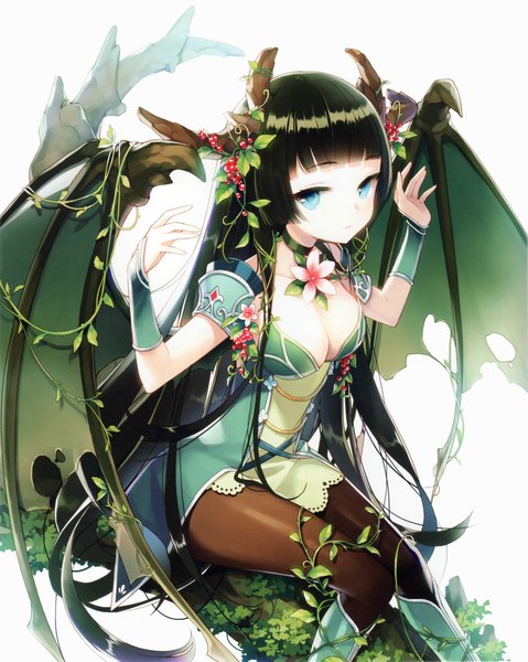 Anime picture 2227x2790 with salt (salty) single long hair tall image looking at viewer highres blue eyes black hair horn (horns) scan girl dress flower (flowers) plant (plants) pantyhose wings
