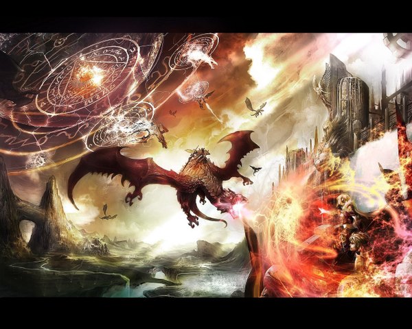 Anime picture 1280x1024 with original tagme (artist) single long hair open mouth blue eyes blonde hair red eyes sky cloud (clouds) magic mountain river battle warrior dress weapon plant (plants) tree (trees) fire