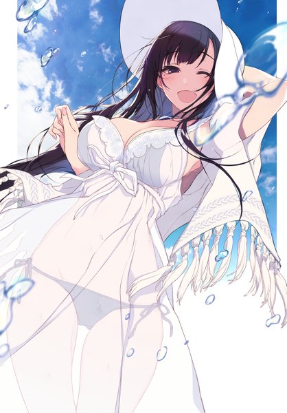 Anime picture 1393x2000 with ane naru mono chiyo (ane naru mono) pochi (pochi-goya) single long hair tall image looking at viewer blush fringe breasts open mouth light erotic black hair smile large breasts standing purple eyes sky cleavage cloud (clouds)