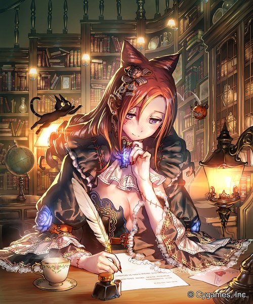 Anime picture 1500x1800 with shingeki no bahamut ceres (shingeki no bahamut) okada manabi single long hair tall image blush fringe breasts smile hair between eyes sitting purple eyes holding payot cleavage upper body red hair indoors nail polish