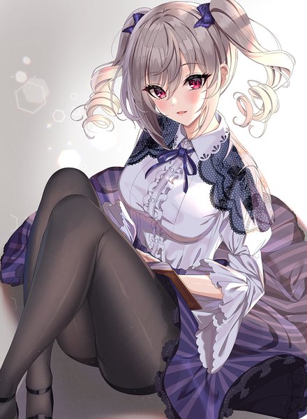 Anime picture 879x1200 with idolmaster idolmaster cinderella girls idolmaster cinderella girls starlight stage kanzaki ranko sutoroa single tall image looking at viewer blush fringe short hair breasts open mouth light erotic simple background smile hair between eyes red eyes sitting twintails