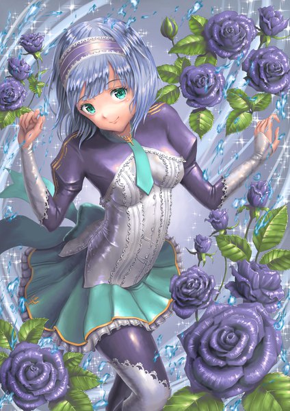 Anime picture 794x1123 with isekai wa smartphone to tomo ni. linse shileska hirokazu (analysis-depth) single tall image looking at viewer fringe short hair breasts smile standing green eyes silver hair bent knee (knees) long sleeves head tilt pleated skirt arms up sparkle puffy sleeves