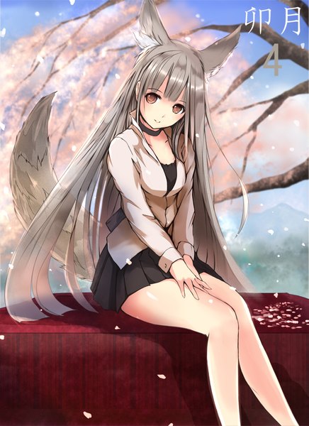 Anime picture 640x880 with original h016 single long hair tall image looking at viewer blush fringe smile sitting brown eyes animal ears tail head tilt animal tail pleated skirt grey hair hand on hip fox ears cherry blossoms