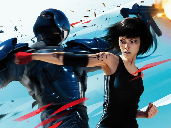 Anime picture 1600x1200 with mirror's edge faith connors highres short hair black hair realistic official art tattoo punch