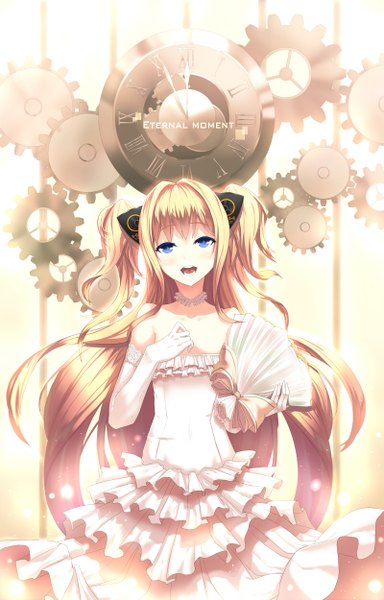 Anime picture 800x1250 with vocaloid seeu ddddddd long hair tall image looking at viewer blush open mouth blue eyes blonde hair two side up girl dress flower (flowers) bow bouquet gears