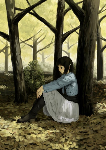 Anime picture 1200x1697 with original imaoka (pixiv) single tall image short hair black hair smile sitting black eyes autumn girl skirt hair ornament plant (plants) tree (trees) jacket boots leaf (leaves) hairpin (hairpins)