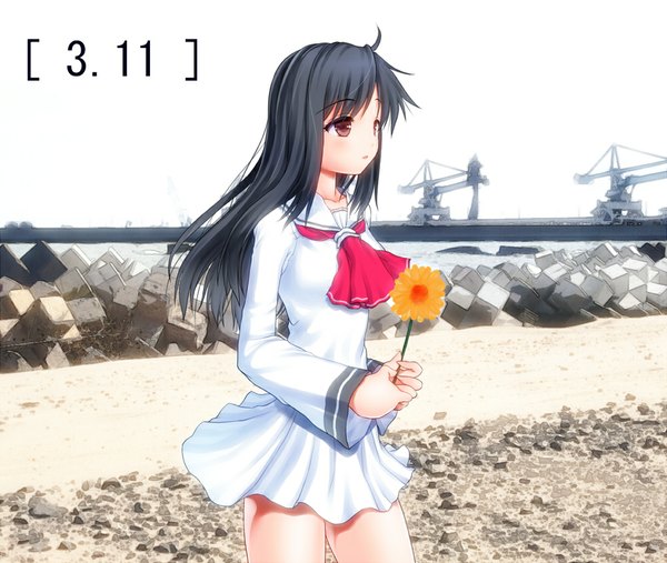 Anime picture 1000x845 with original asamura hiori single long hair black hair brown eyes looking away girl dress flower (flowers) crane
