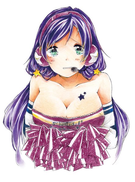 Anime picture 1422x1921 with love live! school idol project sunrise (studio) love live! toujou nozomi kawana (spicaboy) single long hair tall image looking at viewer blush breasts light erotic simple background large breasts white background green eyes purple hair traditional media cheerleader girl