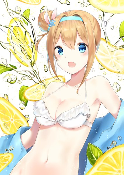 Anime picture 1417x2000 with girls frontline suomi kp31 (girls frontline) gyozanuko shiarisu single tall image blush short hair breasts open mouth blue eyes light erotic blonde hair looking away upper body :d open clothes hair bun (hair buns) girl navel