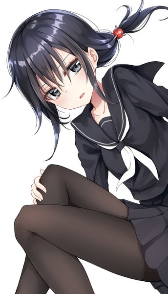 Anime picture 771x1345 with original piripun single long hair tall image looking at viewer blush fringe black hair simple background hair between eyes white background payot long sleeves parted lips pleated skirt grey eyes low ponytail hand on knee girl