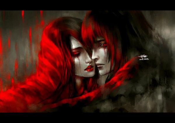Anime picture 1350x950 with original mara (original character) morana (original character) nanfe long hair looking at viewer red eyes signed red hair eyes closed lips realistic lipstick letterboxed girl boy blood
