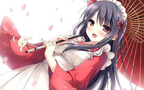 Anime picture 1920x1200 with ama koi syrups kusaka hozumi pan (mimi) single long hair looking at viewer blush highres open mouth black hair red eyes wa maid girl petals headdress maid headdress umbrella apron oriental umbrella