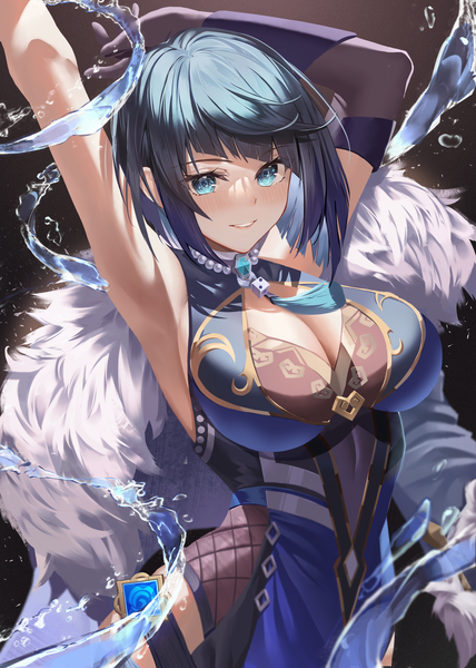 Anime picture 2894x4053 with genshin impact yelan (genshin impact) hao (mwhy4538) single tall image looking at viewer highres short hair breasts blue eyes light erotic black hair smile large breasts cleavage arms up armpit (armpits) fur trim girl water