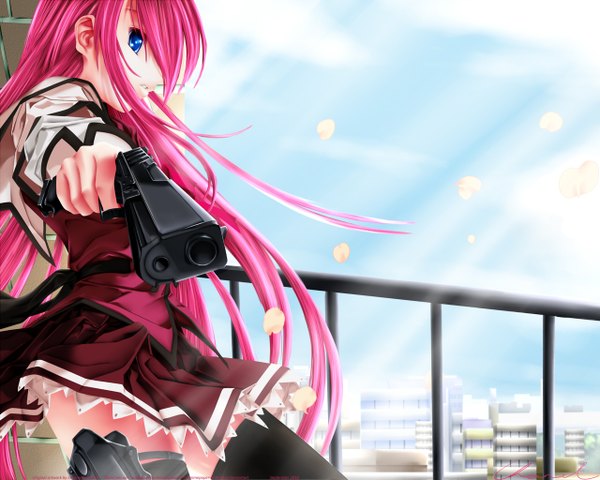 Anime picture 1280x1024 with koisuru otome to shugo no tate shuuji kisaragi senomoto hisashi long hair looking at viewer blue eyes pink hair sky cloud (clouds) profile wind sunlight wallpaper light cityscape girl thighhighs dress weapon black thighhighs