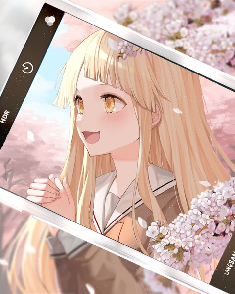 Anime picture 4000x5000 with bang dream! tsurumaki kokoro ueng single long hair tall image blush fringe highres open mouth blonde hair smile yellow eyes absurdres upper body blunt bangs :d cherry blossoms hands clasped girl