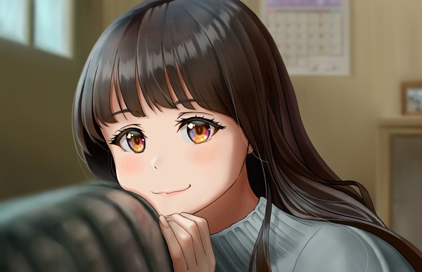 Anime picture 3600x2330 with original shunart. single long hair looking at viewer blush fringe highres black hair smile absurdres upper body indoors blunt bangs blurry orange eyes depth of field portrait girl sweater