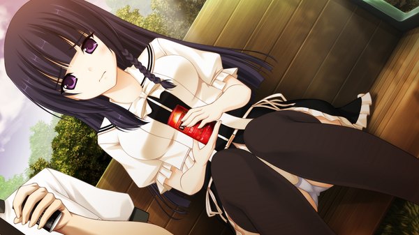 Anime picture 1024x576 with jesus 13th long hair light erotic black hair wide image purple eyes game cg pantyshot sitting girl thighhighs uniform black thighhighs school uniform bench