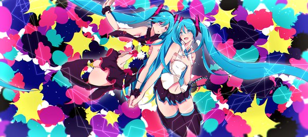 Anime picture 2678x1200 with vocaloid hatsune miku najuco (naju0517) fringe highres open mouth hair between eyes wide image twintails looking away bent knee (knees) very long hair pink eyes aqua eyes aqua hair sleeveless turning head holding hands hand on chest eye contact
