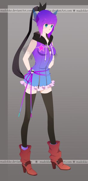 Anime picture 900x1843 with original nebeskaa single long hair tall image fringe simple background standing purple hair ponytail aqua eyes grey background high heels hands behind back open collar frilly skirt freckles girl thighhighs ribbon (ribbons)