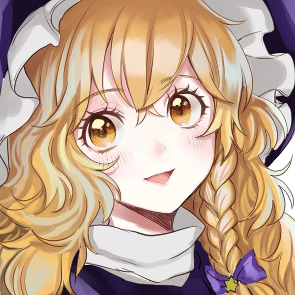 Anime picture 1080x1080 with touhou kirisame marisa rosette (roze-ko) single long hair fringe open mouth blonde hair hair between eyes yellow eyes braid (braids) side braid girl bow hair bow hat