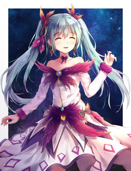 Anime picture 763x1000 with project diva f 2nd vocaloid hatsune miku byakuya reki single long hair tall image blush fringe hair between eyes twintails payot eyes closed parted lips night night sky fur trim tears border outside border