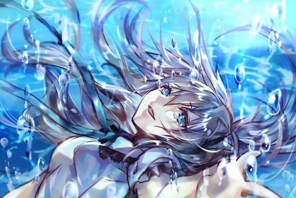 Anime picture 972x650 with original madogawa single long hair looking at viewer fringe breasts open mouth blue eyes multicolored hair tears outstretched arm gradient hair blue background underwater girl ribbon (ribbons) shirt bubble (bubbles) teardrop
