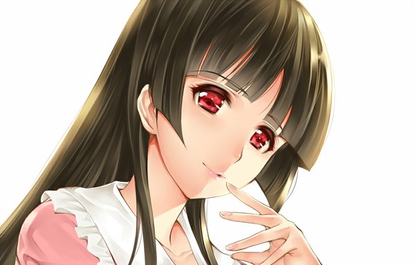 Anime picture 1000x639 with touhou houraisan kaguya saburou (hgmg) single long hair looking at viewer red eyes brown hair white background light smile finger to mouth girl dress