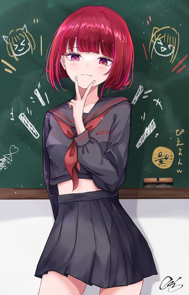 Anime picture 1952x3048 with oshi no ko arima kana hoshino ruby memcho pieyon dynr-cloly single tall image looking at viewer fringe highres short hair standing purple eyes red hair blunt bangs pleated skirt midriff alternate costume victory
