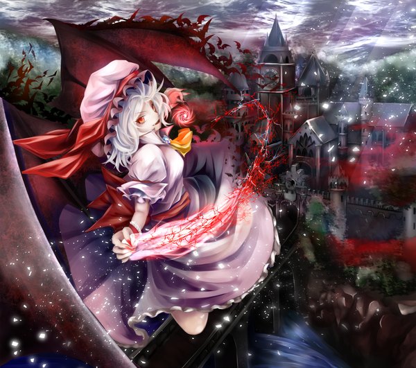 Anime picture 2000x1770 with touhou remilia scarlet atsuya (haru9741) single highres short hair open mouth smile red eyes white hair vampire girl dress animal wings bonnet castle bat